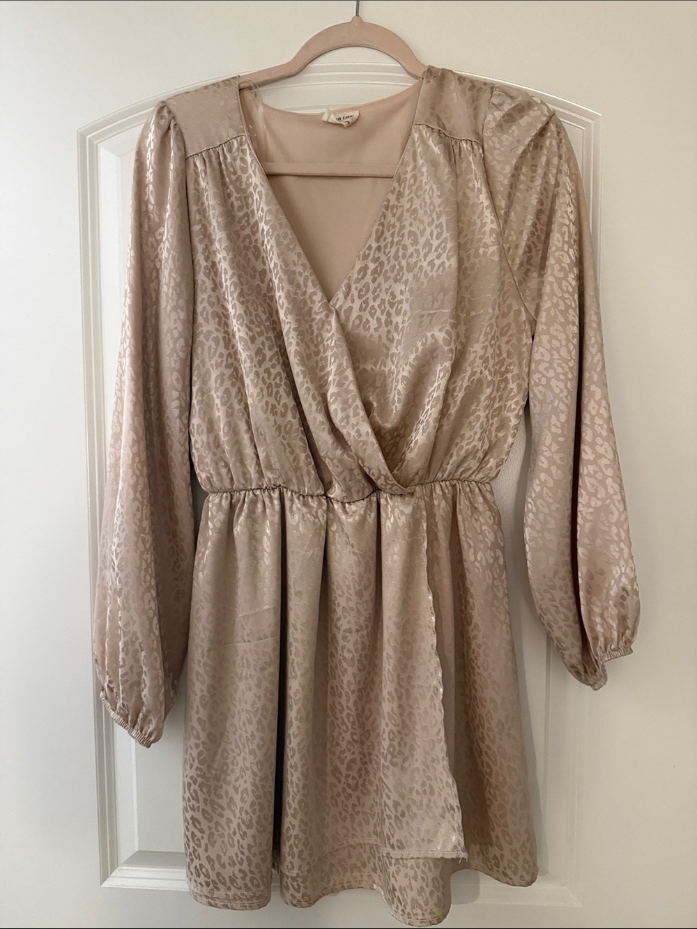 Peach Love California Champagne Beige Satin Leopard Wrap Dress